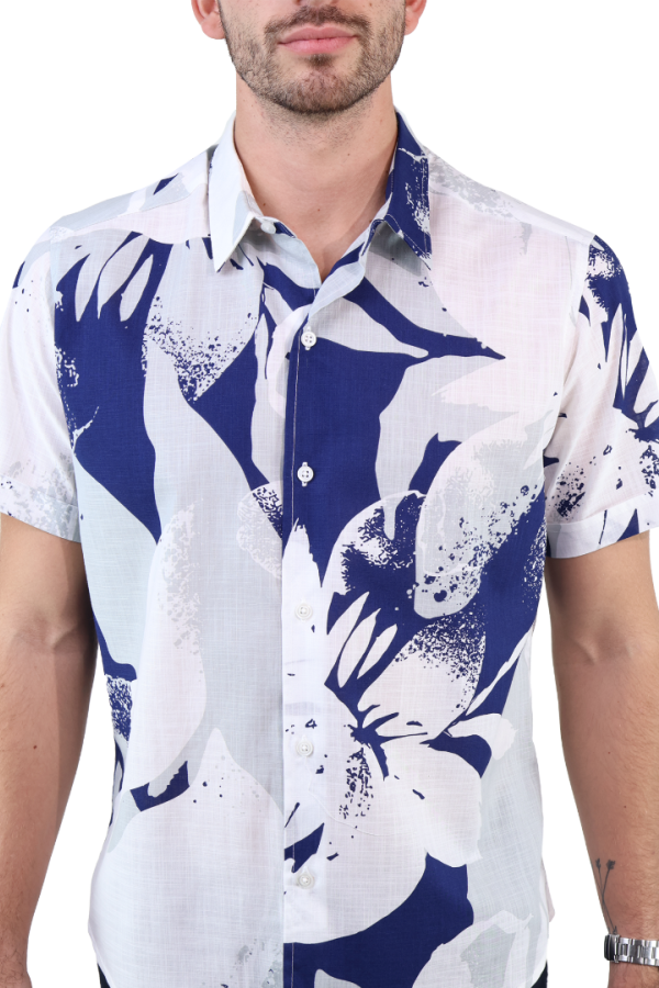 Camisa Slim Fit Manga Corta Look De Lino Estampado Floral Para Caballero